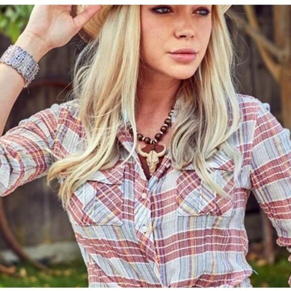 Free People We the Free Plaid Crepe Crinkle Cotton Boho Festival Button Down top - Picture 1 of 6